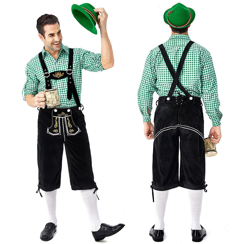 Men's beer festival clothes Plaid Shirt Suspenders
