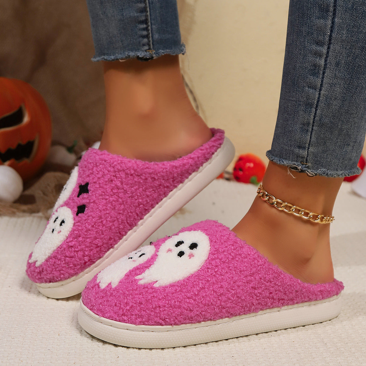Halloween Cartoon Ghost Baumwoll-Hausschuhe für Damen, rutschfest, für den Innenbereich, Schlafzimmer, Boden, Hausschuhe, Winterschuhe
