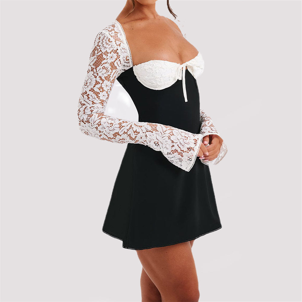 Y2K Langarmkleid aus Spitze, modisch, sexy Korsett, rückenfrei, Schnürung, kurze Kleider, Damenbekleidung
