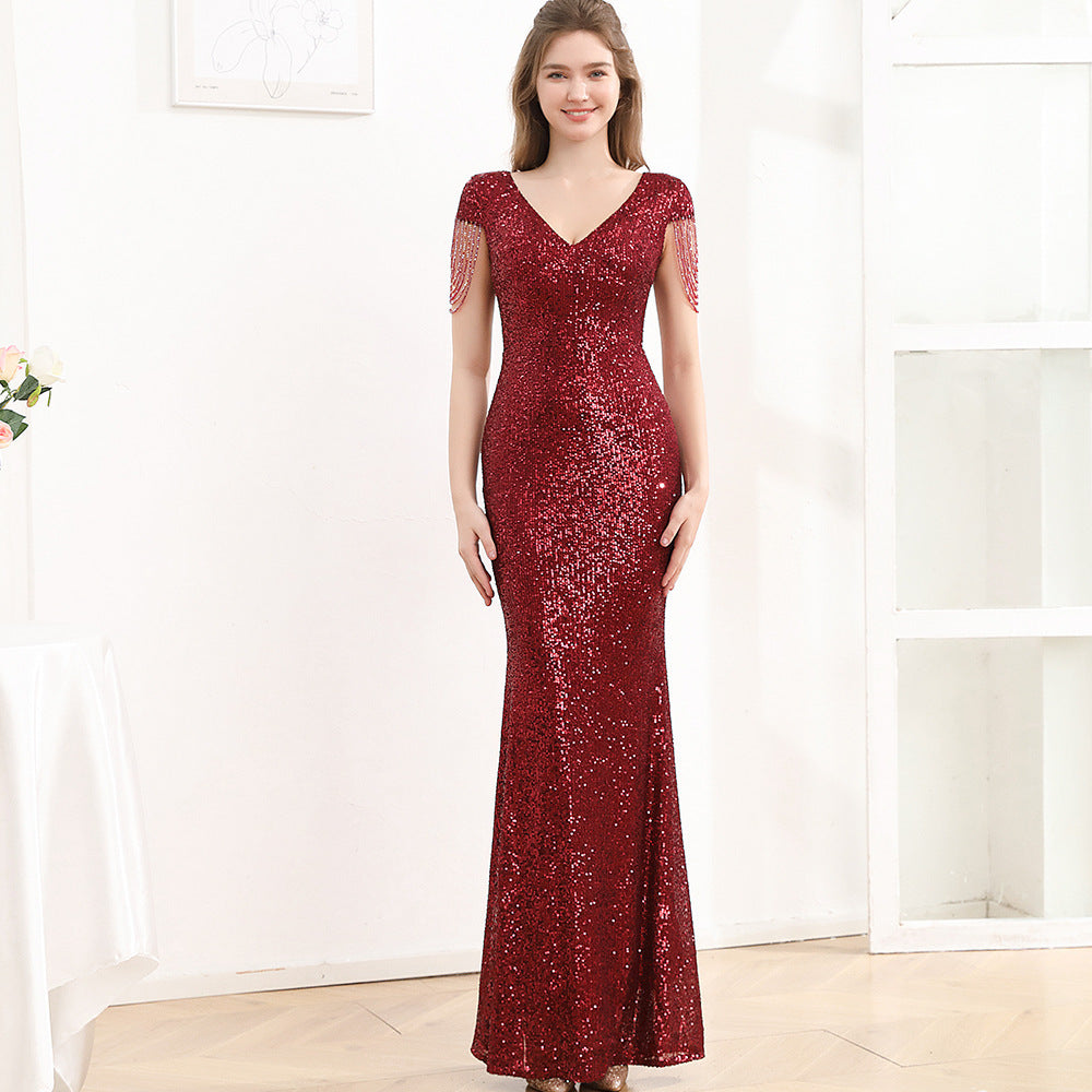 Pailletten Slim Fit Schlankmachendes langes Kleid Damen