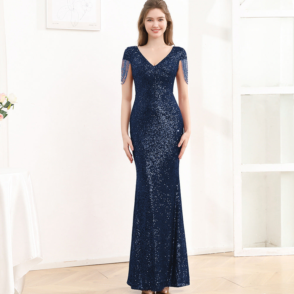 Pailletten Slim Fit Schlankmachendes langes Kleid Damen