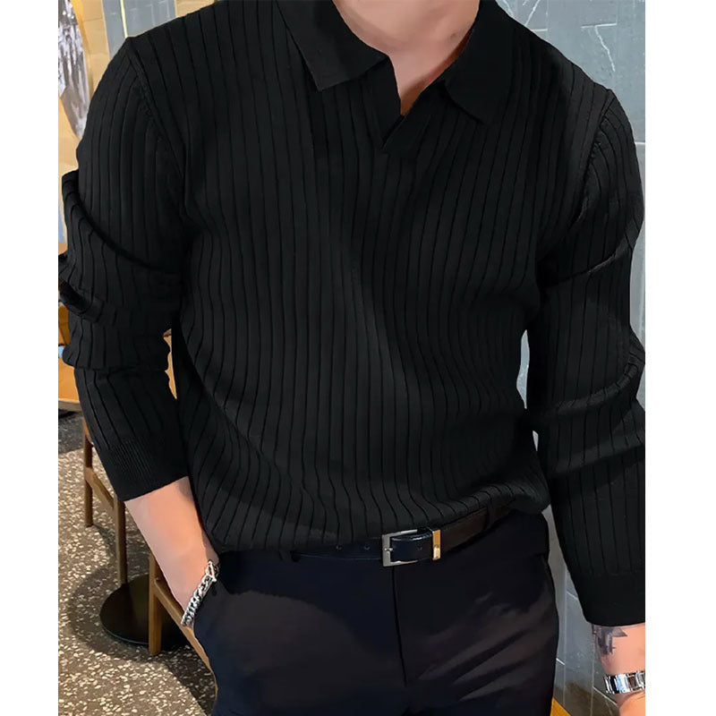 Herren Strickshirt mit Reverskragen – Langarm & Unifarben