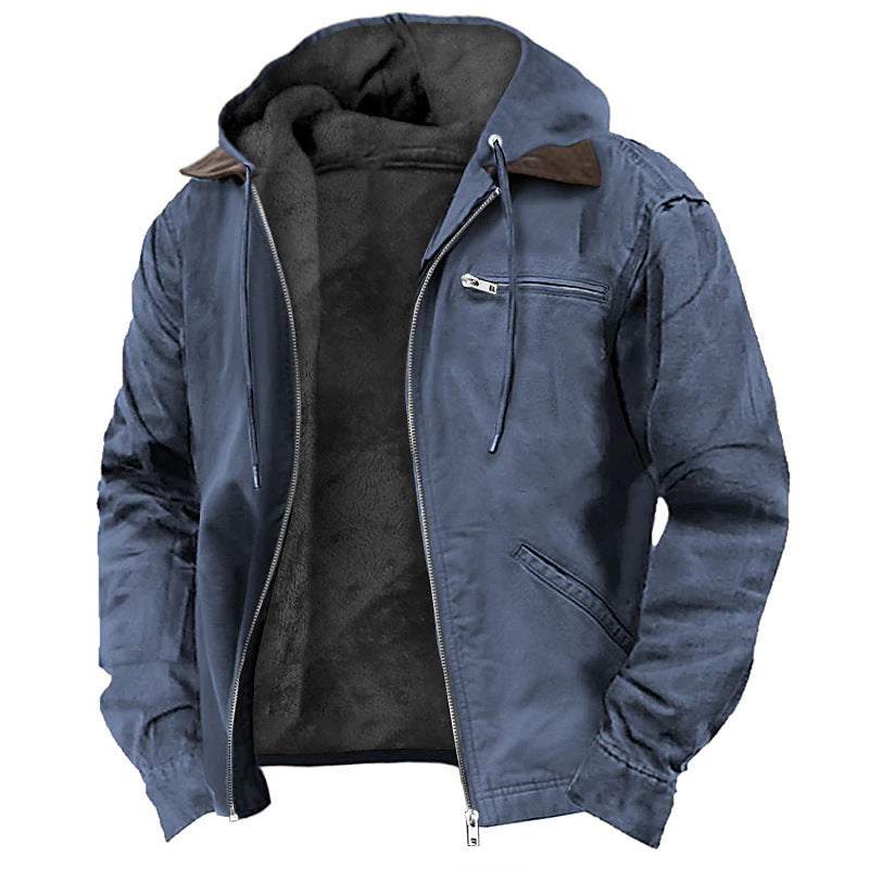 Lange Herrenjacke mit Kapuze und Fleecefutter – Uni, lockerer Schnitt
