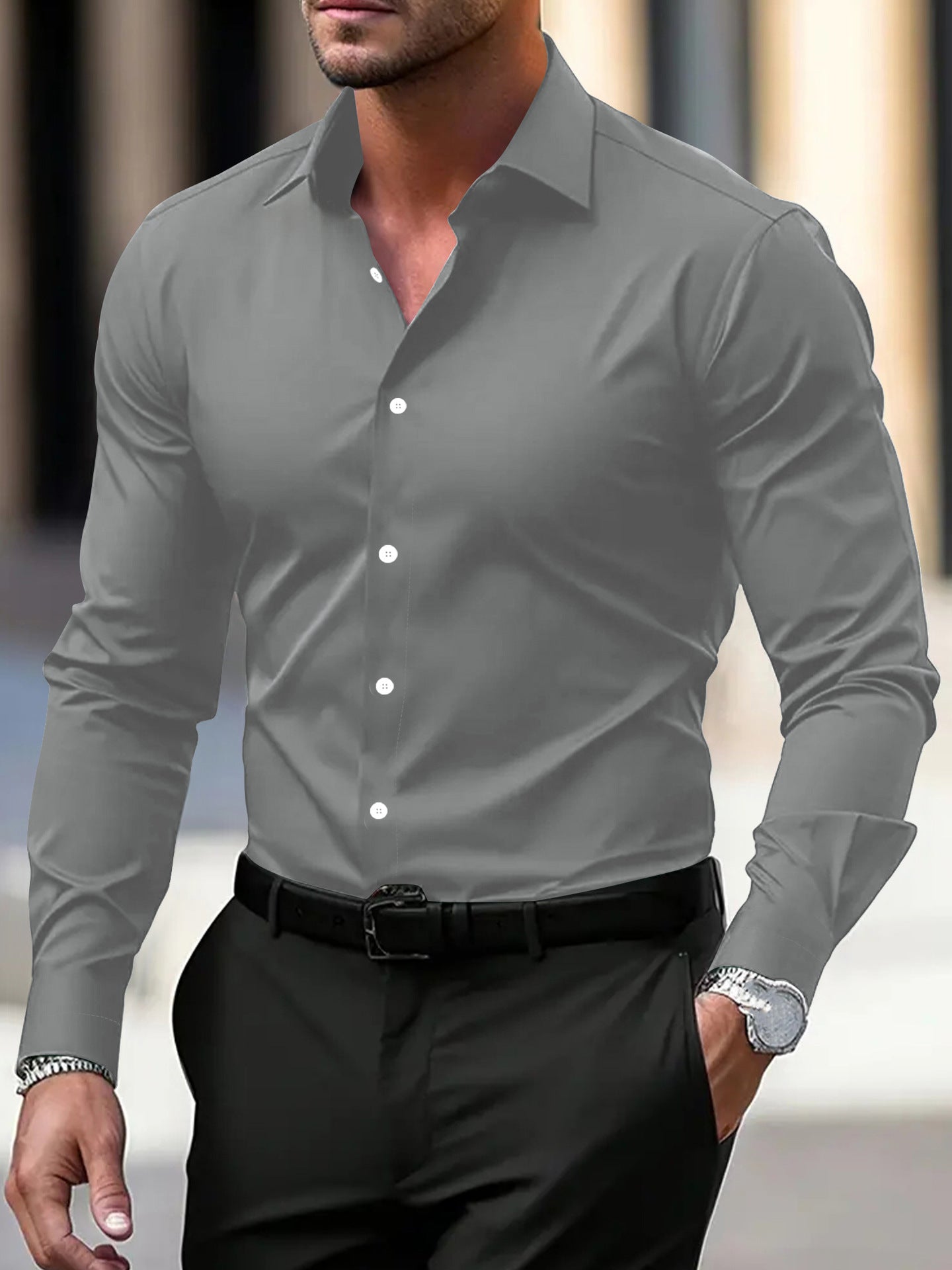 Herrenhemd Business Button-Down-Hemd Sommer Einfarbig Langarm Revers Urlaubshemd Mode Temperament Casual Tops