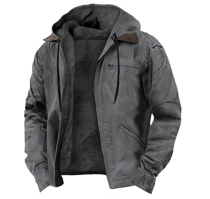 Lange Herrenjacke mit Kapuze und Fleecefutter – Uni, lockerer Schnitt