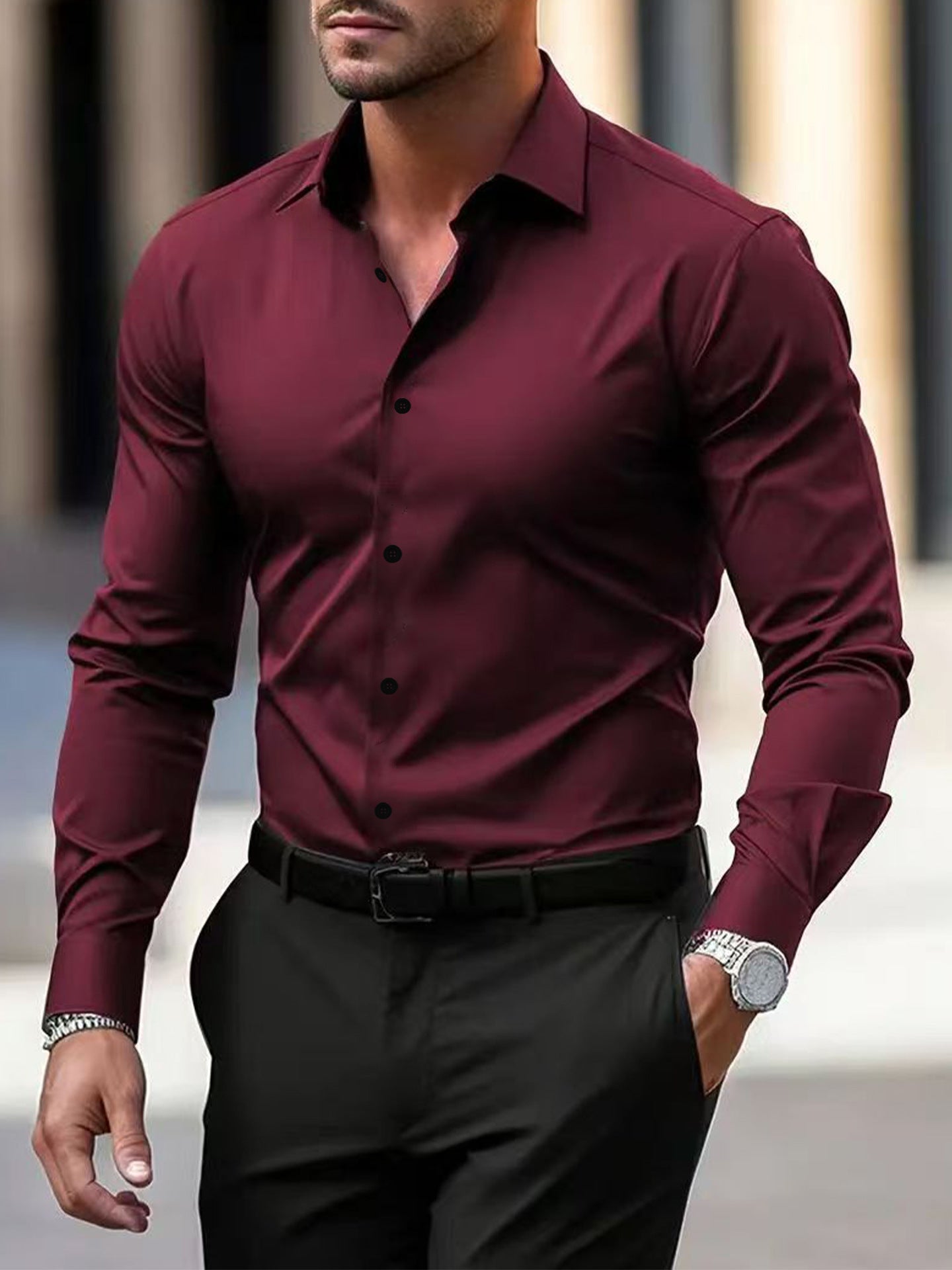 Herrenhemd Business Button-Down-Hemd Sommer Einfarbig Langarm Revers Urlaubshemd Mode Temperament Casual Tops