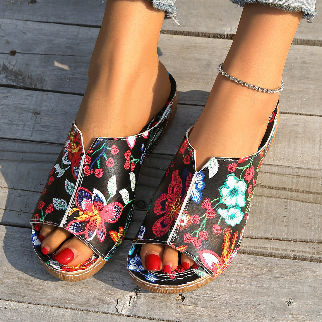 Peep Toe Wedge Fashion Einfache Slip-on Fashion Sandaletten Hausschuhe