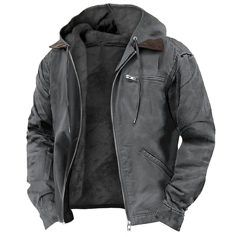 Lange Herrenjacke mit Kapuze und Fleecefutter – Uni, lockerer Schnitt