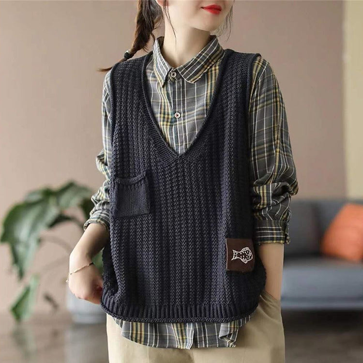 Weste Damen Strickweste Damen V-Ausschnitt Locker