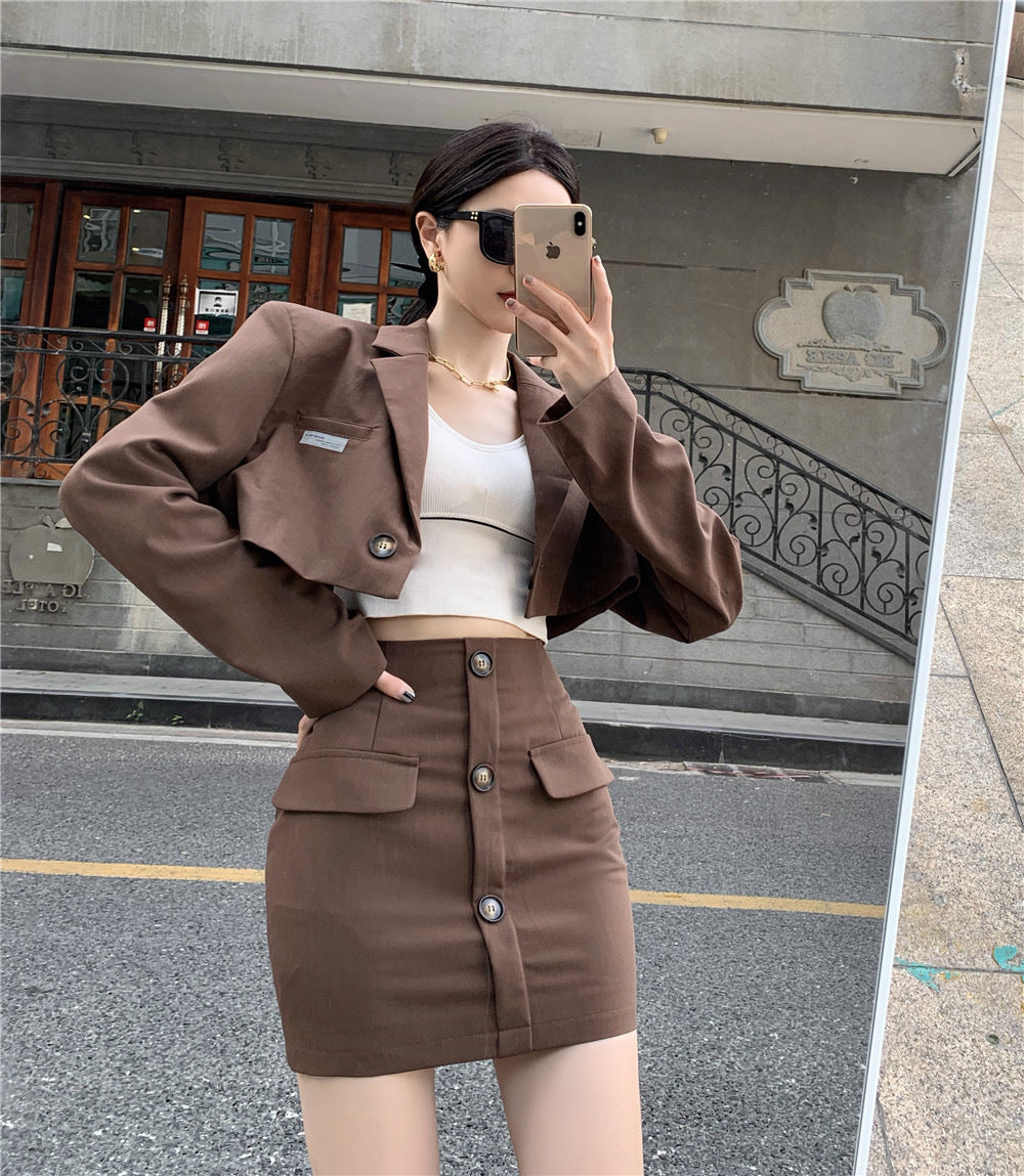 Blazer Hohe Taille A-Linie Rock Kaffee Farbe Hong Kong Stil Anzug Frauen