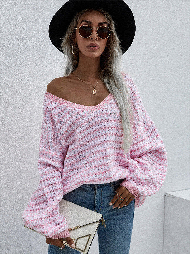Gestreifter Pullover Pullover mit V-Ausschnitt