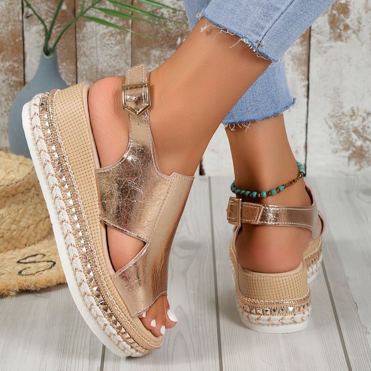 Sommer Glänzende Sandalen Hohl Design Fisch Mund Sandale Für Frauen Mode Schnalle Keile Schuhe