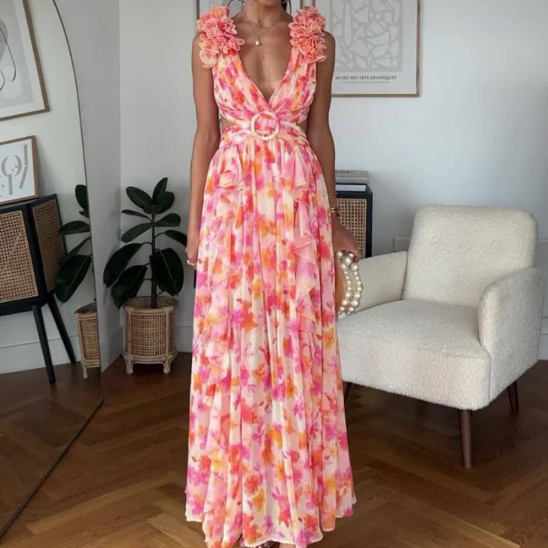 Herbst Europäische Und Amerikanische Mode Casual Home Floral Rückenfreies Kleid Frauen