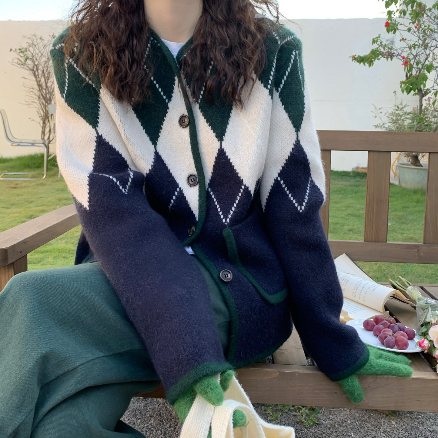 Vintage Rhombus Langarm Strickjacke Damen