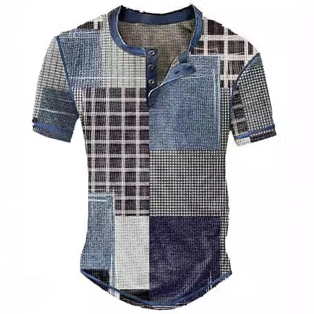 Kurzarm Herren-Henleyshirt mit Farbblock-Print & Waffelstruktur – Jugendlicher Freizeitstil (1+1 Gratis)