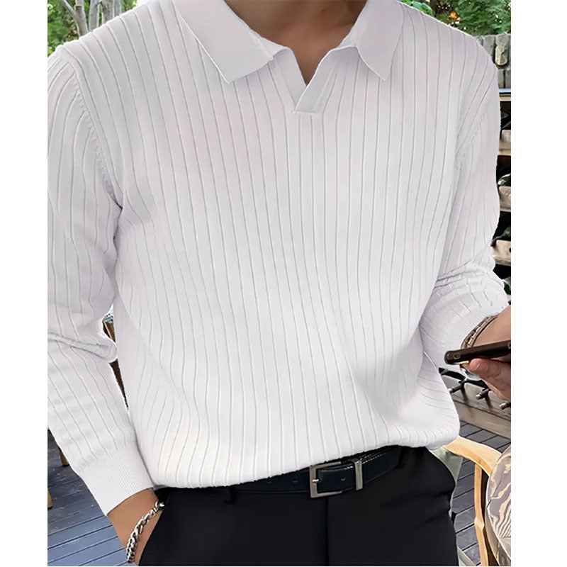 Herren Strickshirt mit Reverskragen – Langarm & Unifarben