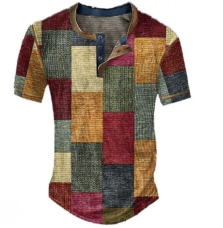 Kurzarm Herren-Henleyshirt mit Farbblock-Print & Waffelstruktur – Jugendlicher Freizeitstil (1+1 Gratis)