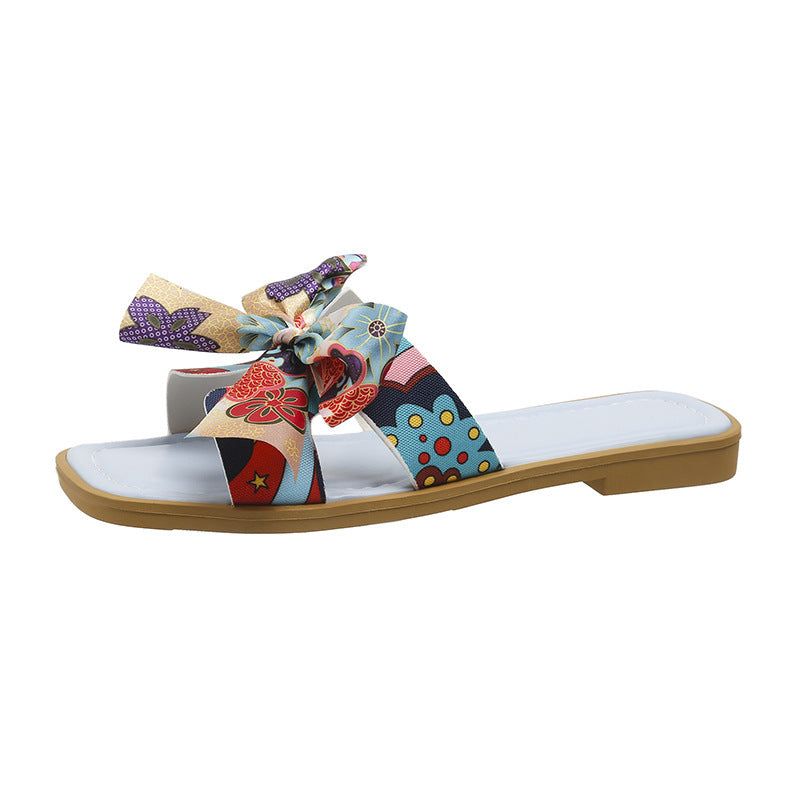 Ribbon Bow Sandalen Sommer Neue Square Toe Low Heel Sandale Für Frauen Slides Fashion Casual Beach Schuhe