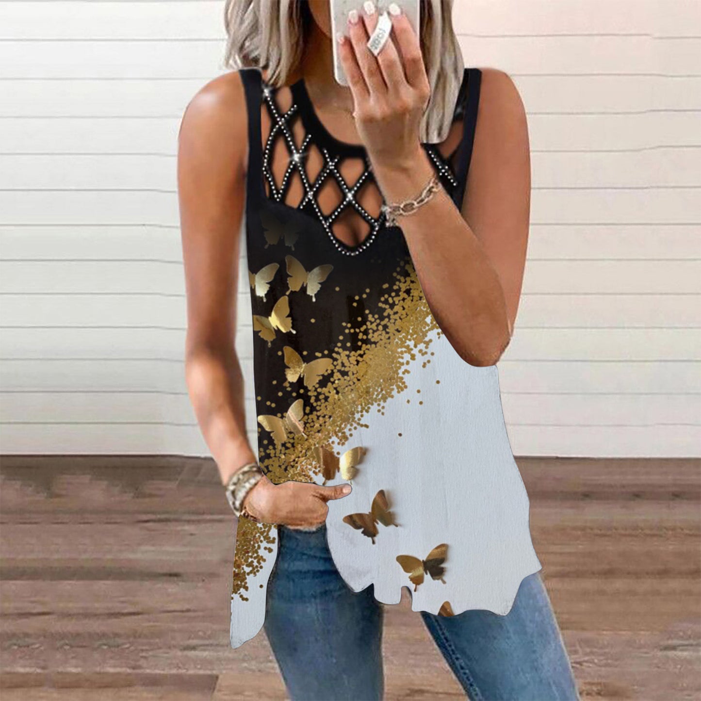 Damen T-Shirt mit ausgehöhltem, heißem, gebohrtem, ärmellosem Weste-Print