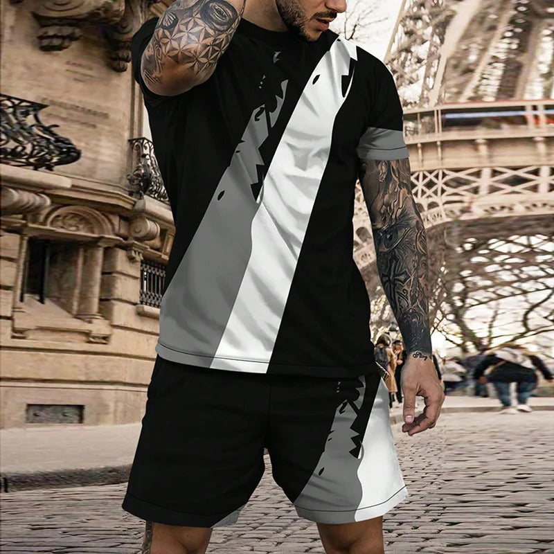Herren Zweiteiler – Kurzarm Sport- & Freizeitanzug mit Rundhals | Multicolor 3D-Print
