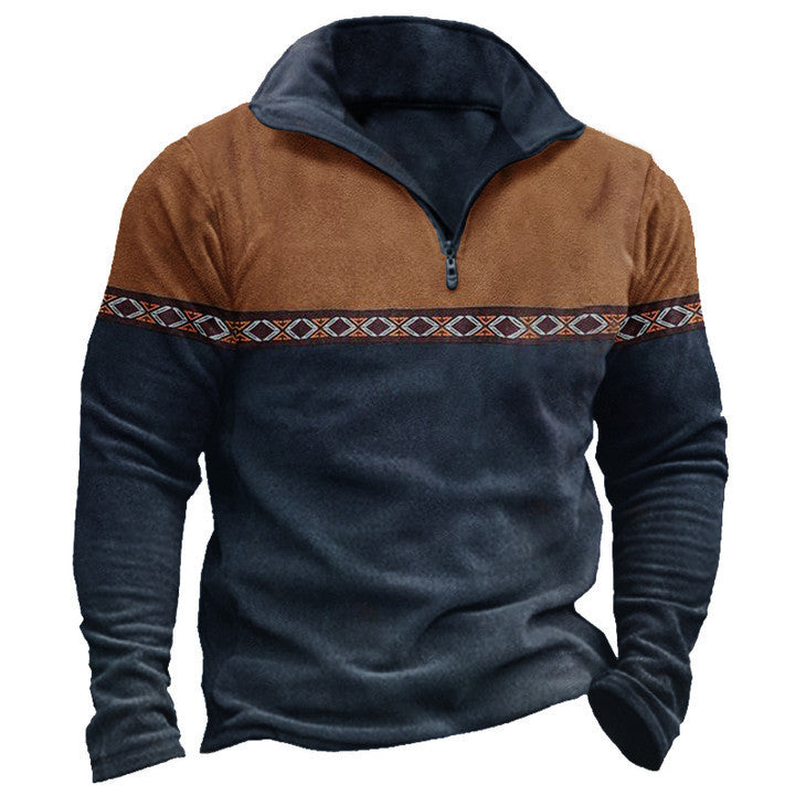 Retro Patchwork Polo Shirt mit Reißverschluss – Baumwollmischung