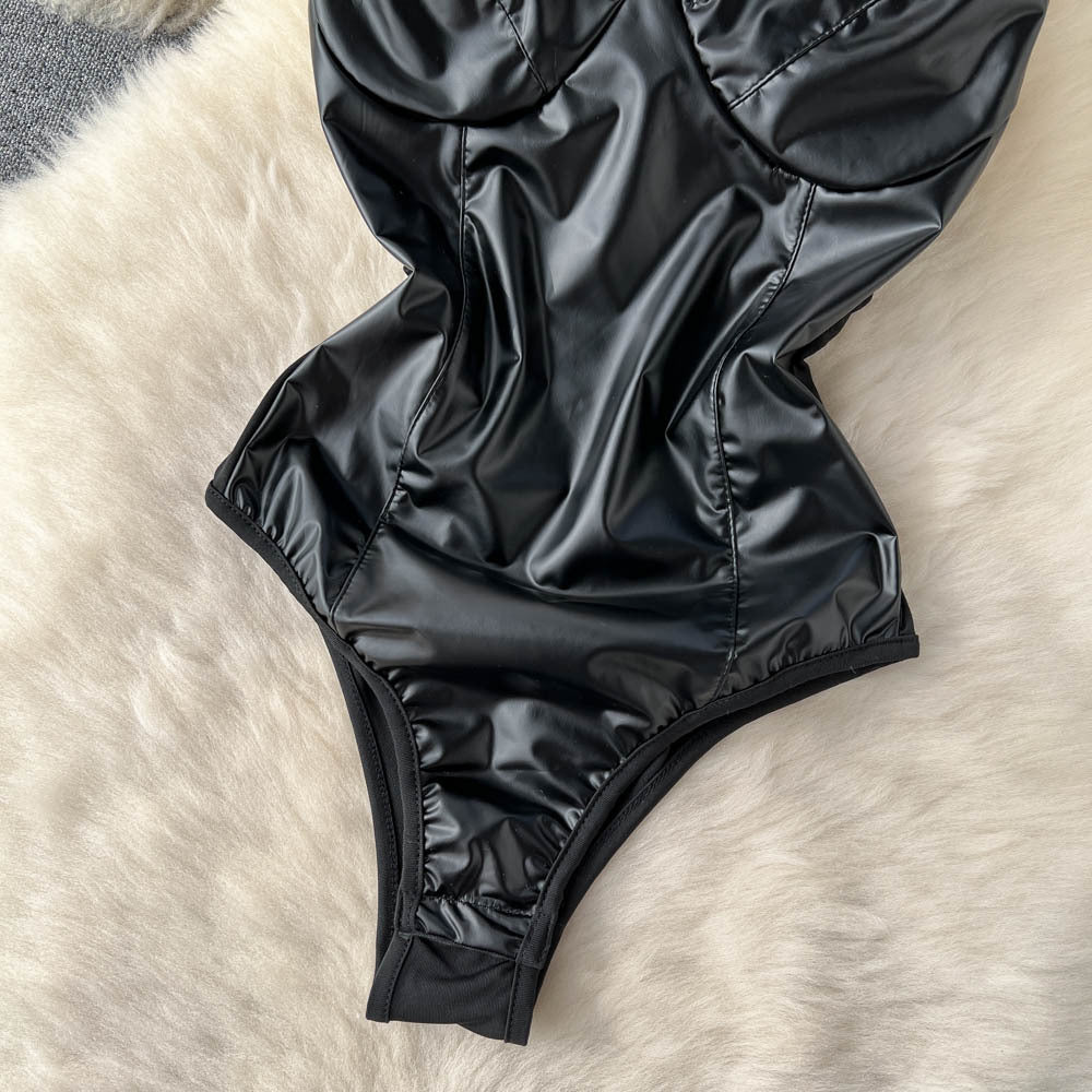 Damen-Sling-BH-Body aus PU-Leder mit V-Ausschnitt