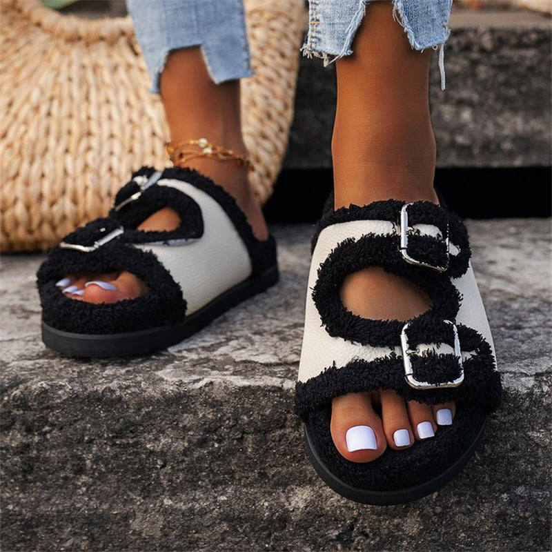 Herbst Winter Slipper Dicke Sohle Schnalle Lammwolle Hausschuhe Für Frauen Outdoor Garten Indoor Faul Plüsch Schuhe