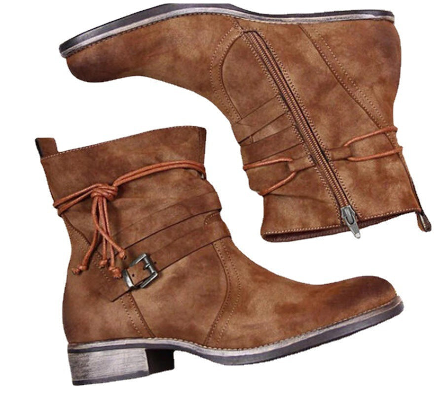 Westernstiefel Damen Schnalle Stiefeletten Seitlicher Reißverschluss Schuhe