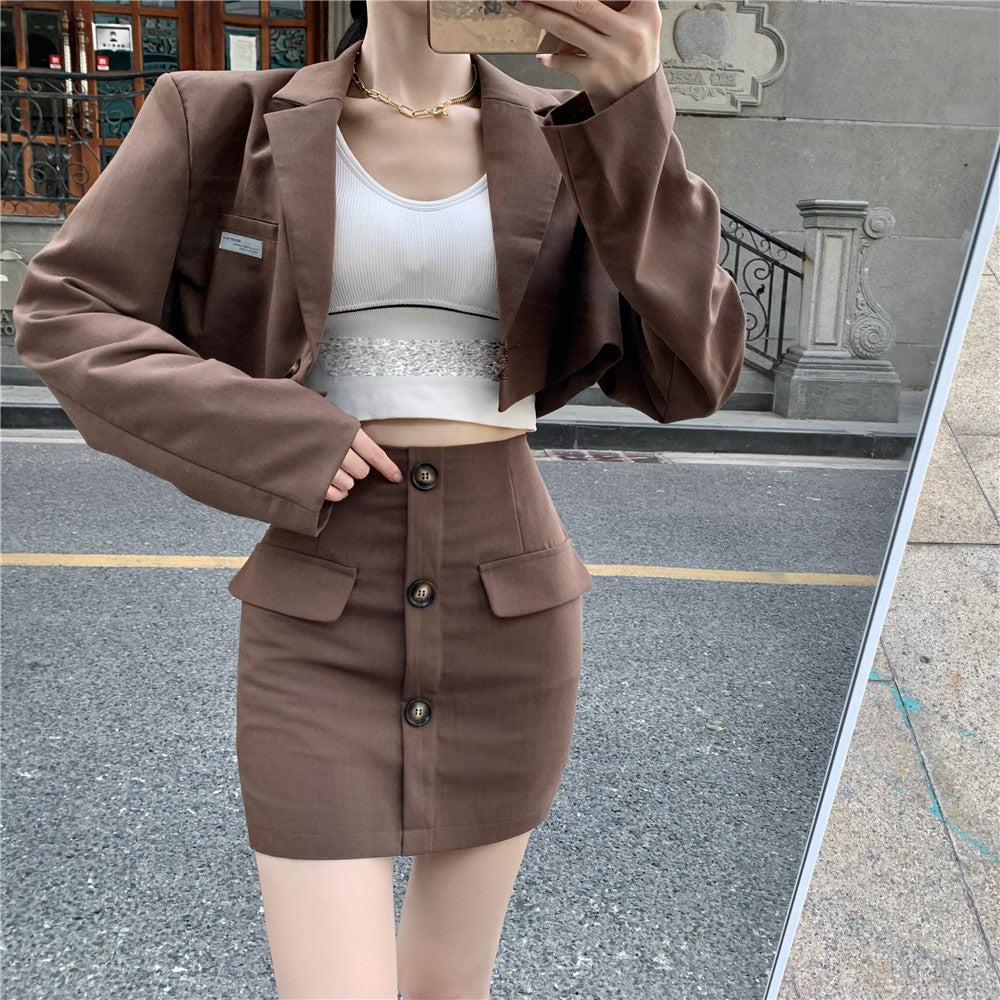 Blazer Hohe Taille A-Linie Rock Kaffee Farbe Hong Kong Stil Anzug Frauen