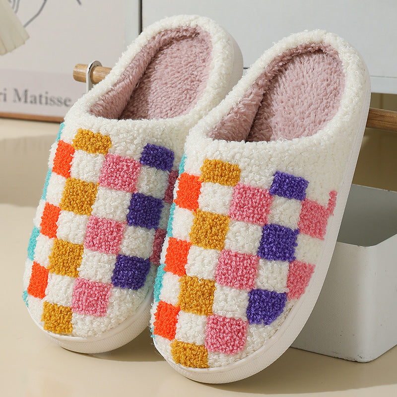 Mode Bunte Schachbrett Hausschuhe Paare Boden Schlafzimmer Slipper Winter Warme Indoor Hausschuhe Für Frauen Und Männer