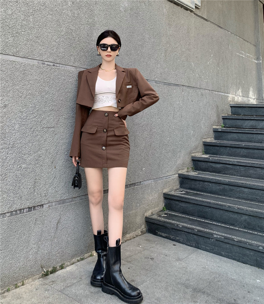 Blazer Hohe Taille A-Linie Rock Kaffee Farbe Hong Kong Stil Anzug Frauen