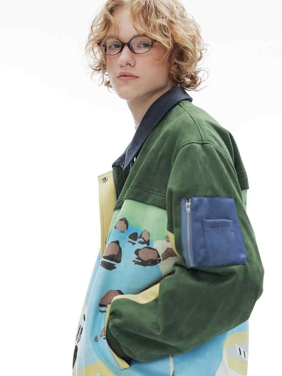 Retro Patchwork Baseballjacke aus Wildleder für Herren