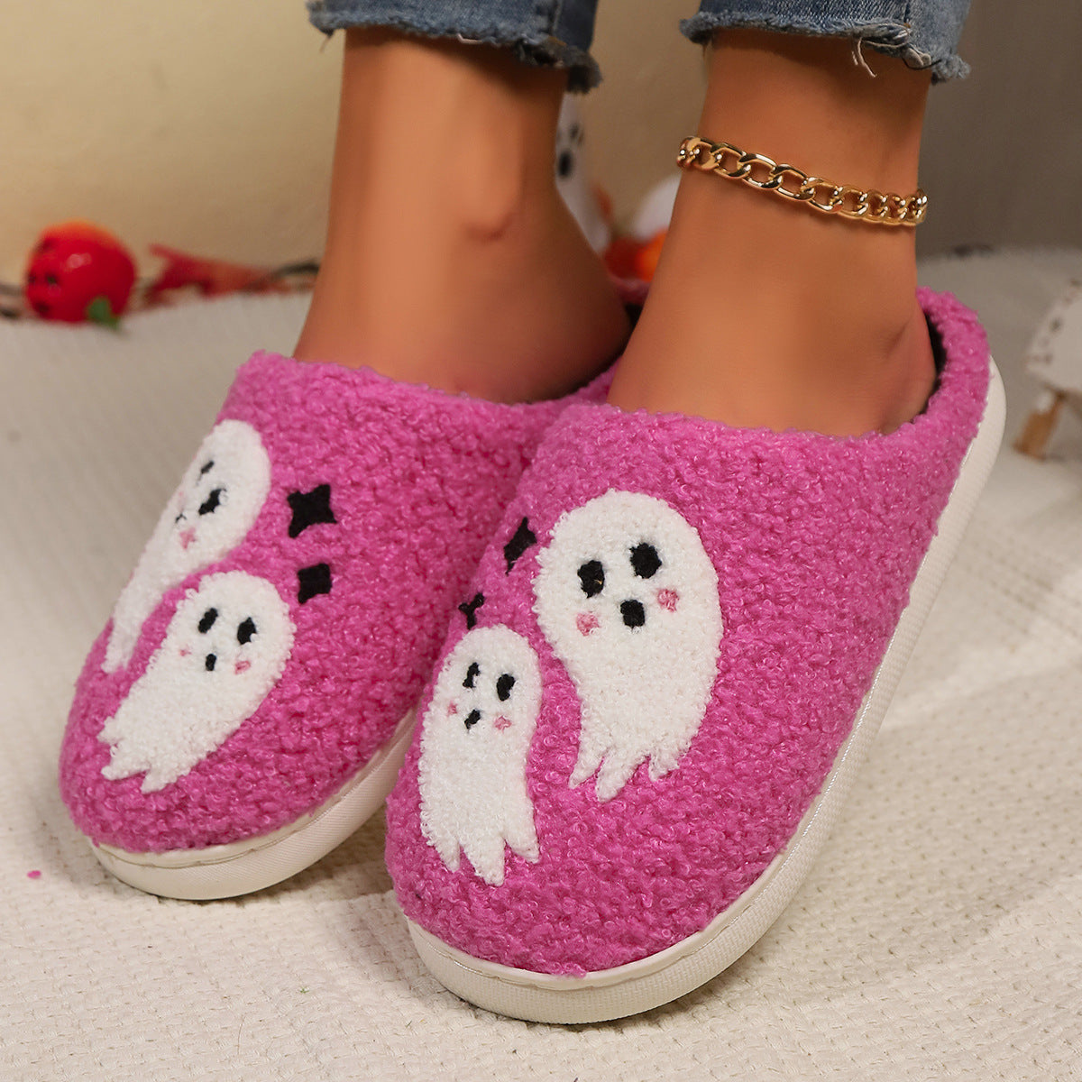 Halloween Cartoon Ghost Baumwoll-Hausschuhe für Damen, rutschfest, für den Innenbereich, Schlafzimmer, Boden, Hausschuhe, Winterschuhe