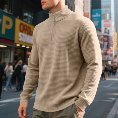 Herren Stehkragen Pullover mit Halbreißverschluss und Karomuster