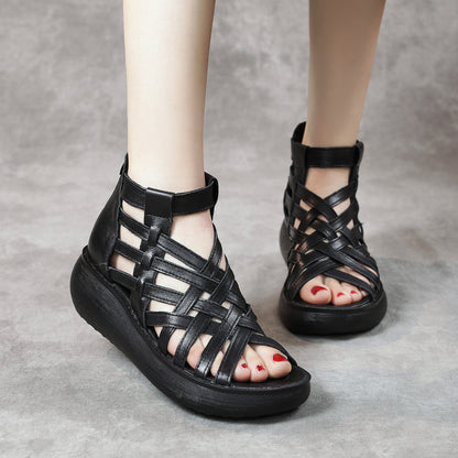 Neue Retro-Keilsandalen im ethnischen Stil für Damen, lässige Sandalen mit Tasche, Stiefel aus Rindsleder, Fischmaul-Sandalen