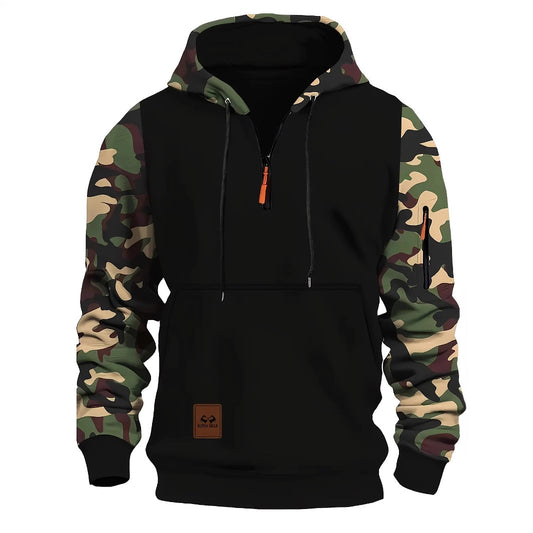 Herren Camouflage Hoodie mit Reißverschluss und Kontrastnähten