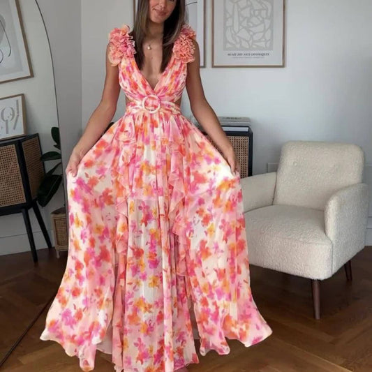 Herbst Europäische Und Amerikanische Mode Casual Home Floral Rückenfreies Kleid Frauen