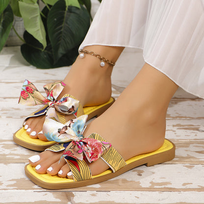 Ribbon Bow Sandalen Sommer Neue Square Toe Low Heel Sandale Für Frauen Slides Fashion Casual Beach Schuhe