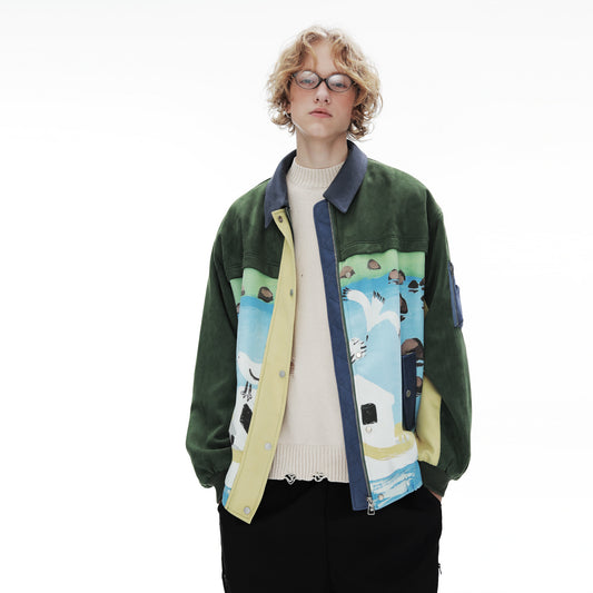 Retro Patchwork Baseballjacke aus Wildleder für Herren