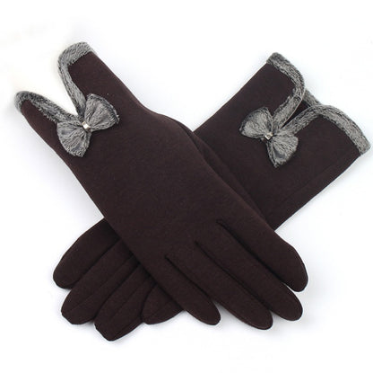 Damen Herbst Winter Nicht-Umgestülpte Samt Kaschmir Vollfinger Warme Spitzenhandschuhe Damen Baumwolle Touchscreen Fliege Handschuhe