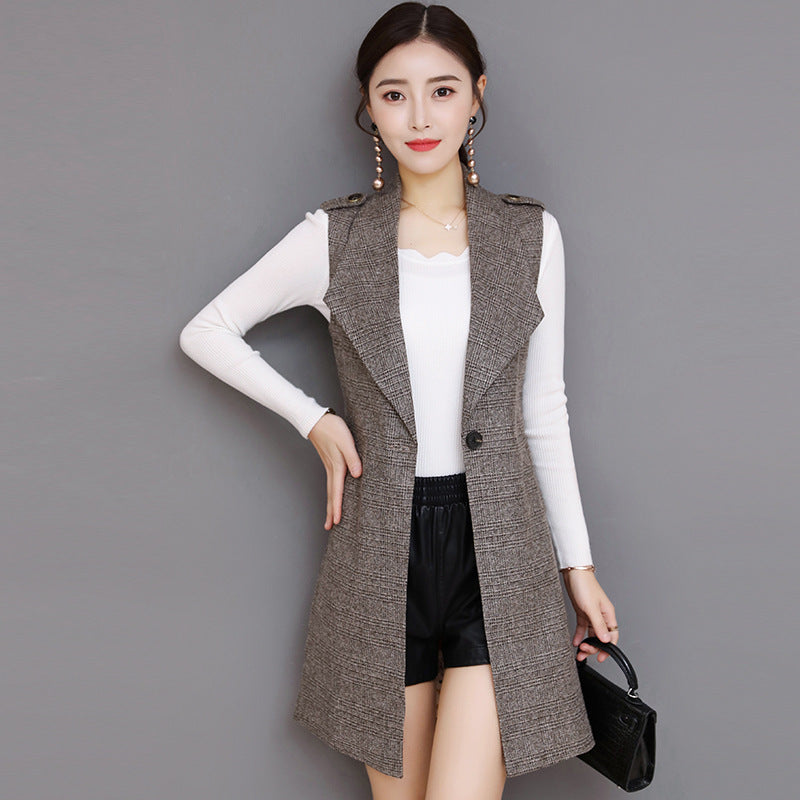 Plaid Lange Blazer Weste Frauen Ärmellose Jacke