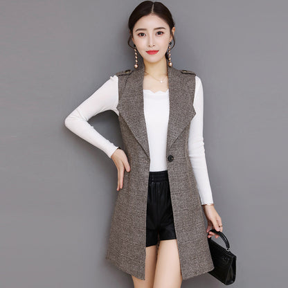 Plaid Lange Blazer Weste Frauen Ärmellose Jacke