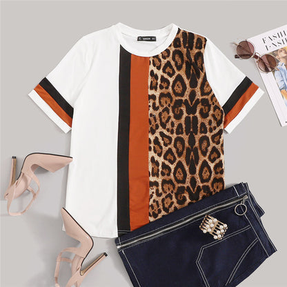 Weißes Farbblock-Cut-and-Sew-Oberteil mit Leopardenmuster, kurzärmelig, O-Ausschnitt, lässiges T-Shirt für Damen, Sommer, Freizeit-T-Shirt