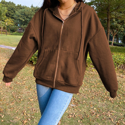 Braune Y2K Ästhetische Hoodies Damen Zip Up Sweatshirt mit Kapuze