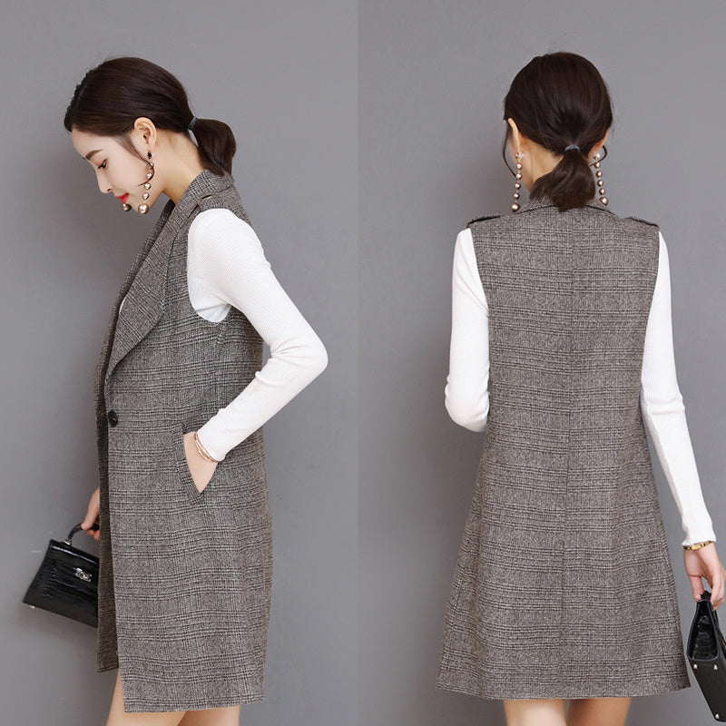 Plaid Lange Blazer Weste Frauen Ärmellose Jacke
