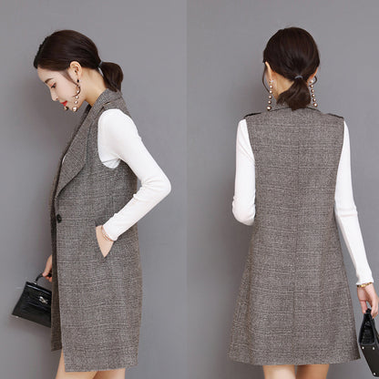 Plaid Lange Blazer Weste Frauen Ärmellose Jacke