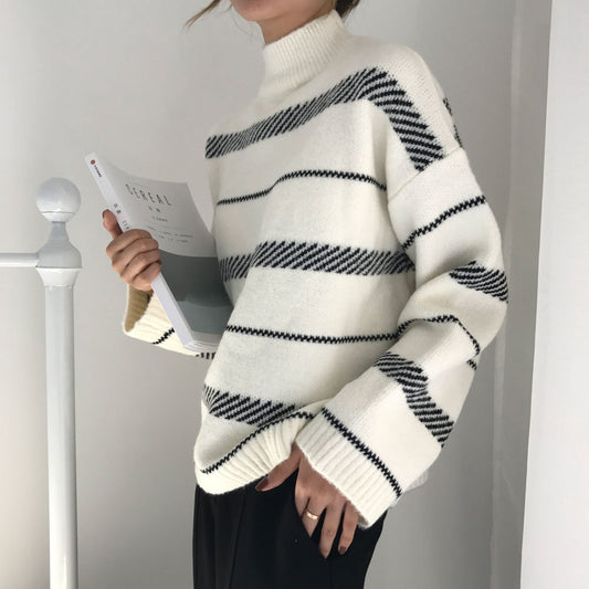 Retro Pullover Rollkragenpullover Streifenpullover