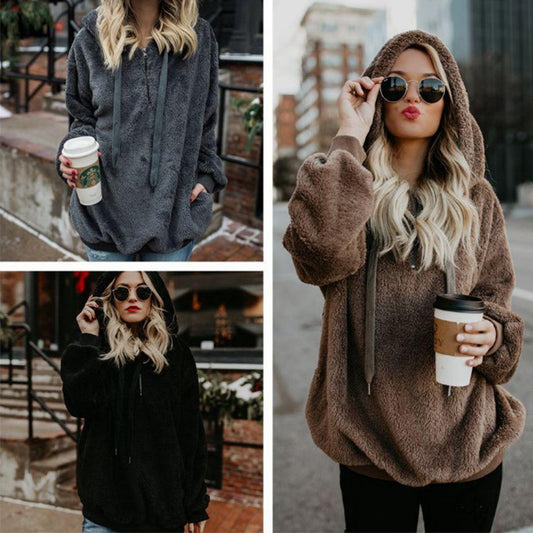 Damen Polerones Fleece Hoodies Langarm Kapuzenpullover Sweatshirt Herbst Winter Warm Reißverschluss Tasche Mantel Weibliches Sweatshirt