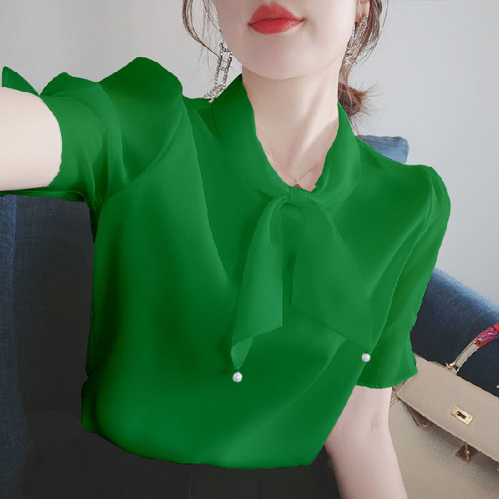 Bowknot V-Ausschnitt Chiffon Hemdbluse Damen