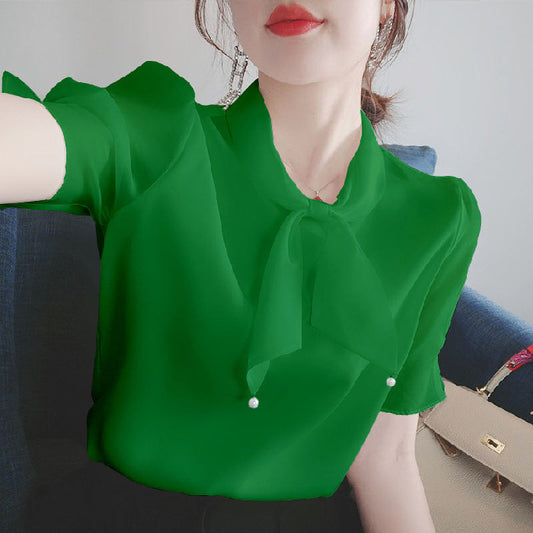 Bowknot V-Ausschnitt Chiffon Hemdbluse Damen